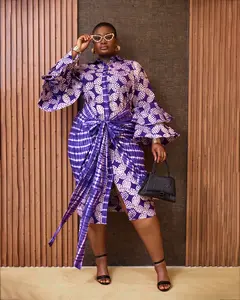 Hand-dyed cotton Shirt dress with Sarong ties details and long bell sleeve