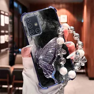 Ink Art Butterfly Rose Phone Case Cover with Silver Butterfly & Beaded Chain for Samsung Galaxy A51/A71, Casing