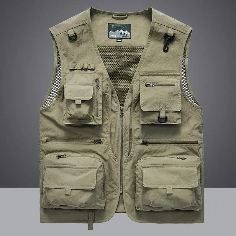 Men's Spring & Autumn New Mesh Quick-Dry Gilet - Detachable Back, Multi-Pocket Menswear for Casual Outdoor Fishing & Photography Sleeveless Sports Vest (Beige, Khaki)