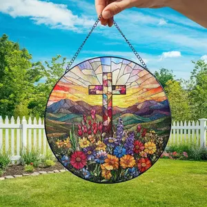 Stained Glass Cross And Wildflowers Suncatcher Christian Glass Window Hanging Flower Cross Gift For Religious Easter Faith Cross Home Decor