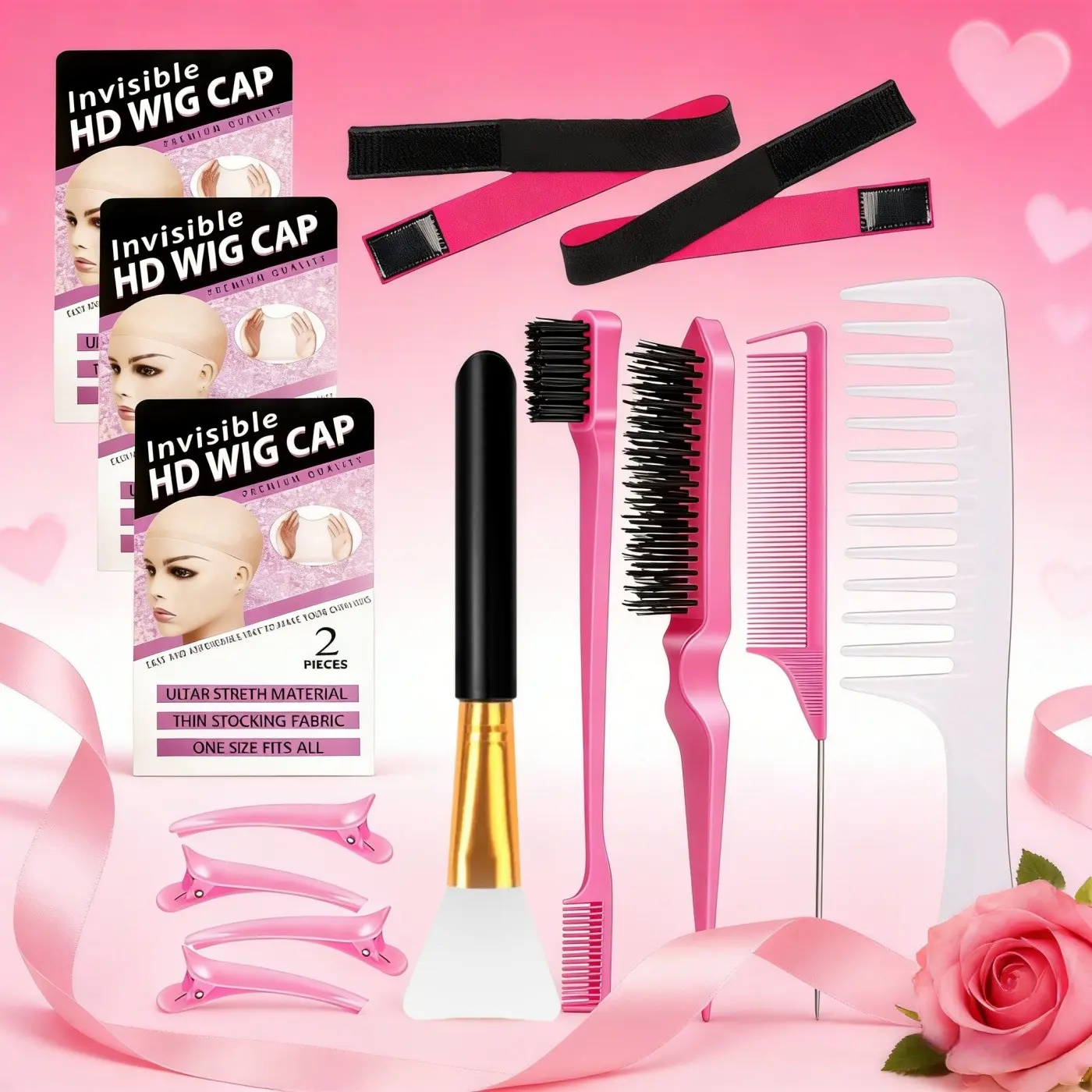 14pcs Hair Styling Accessory Set Wide-tooth comb, silicone brush, rat-tail comb, dual-sided edge control comb, hair wax brush, hair clips and hair bands HD lace wig cap Suitable for wig combing and beginner-friendly wig wearing assistance