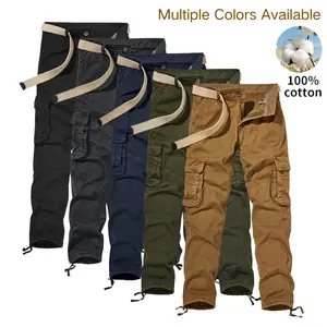 Men’s All-Season Straight Cargo Pants - Belt-Equipped, Multi-Pocket, Durable, Breathable, Plain Operator Beige, Belt-Bottom, Classic, Mid-Rise, Multicolor Options, Suitable for Everyday Outdoor Leisure & Versatile Occasions, Stylish Casual Menswear, Belt-
