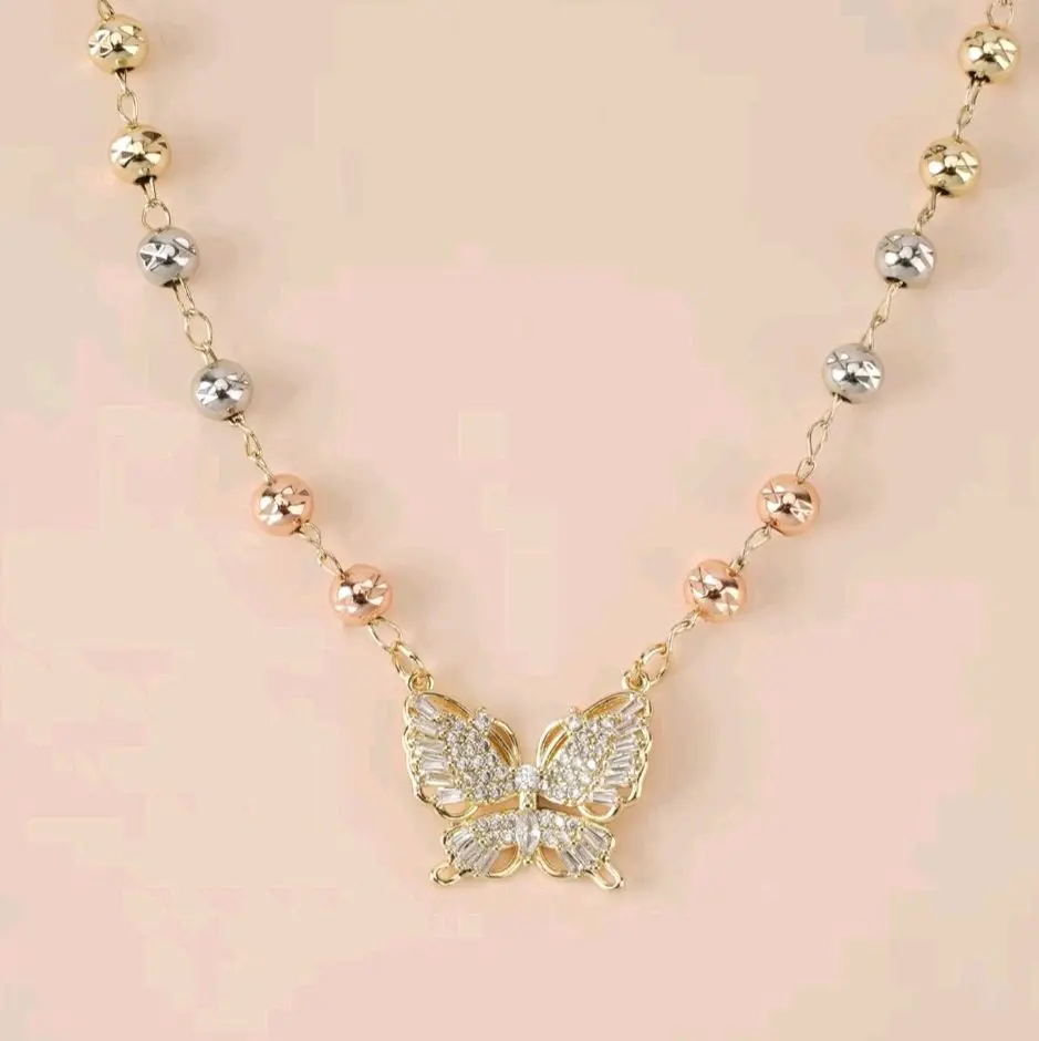 butterfly necklace 14k gold plated tri color or gold color  beads  gold plated