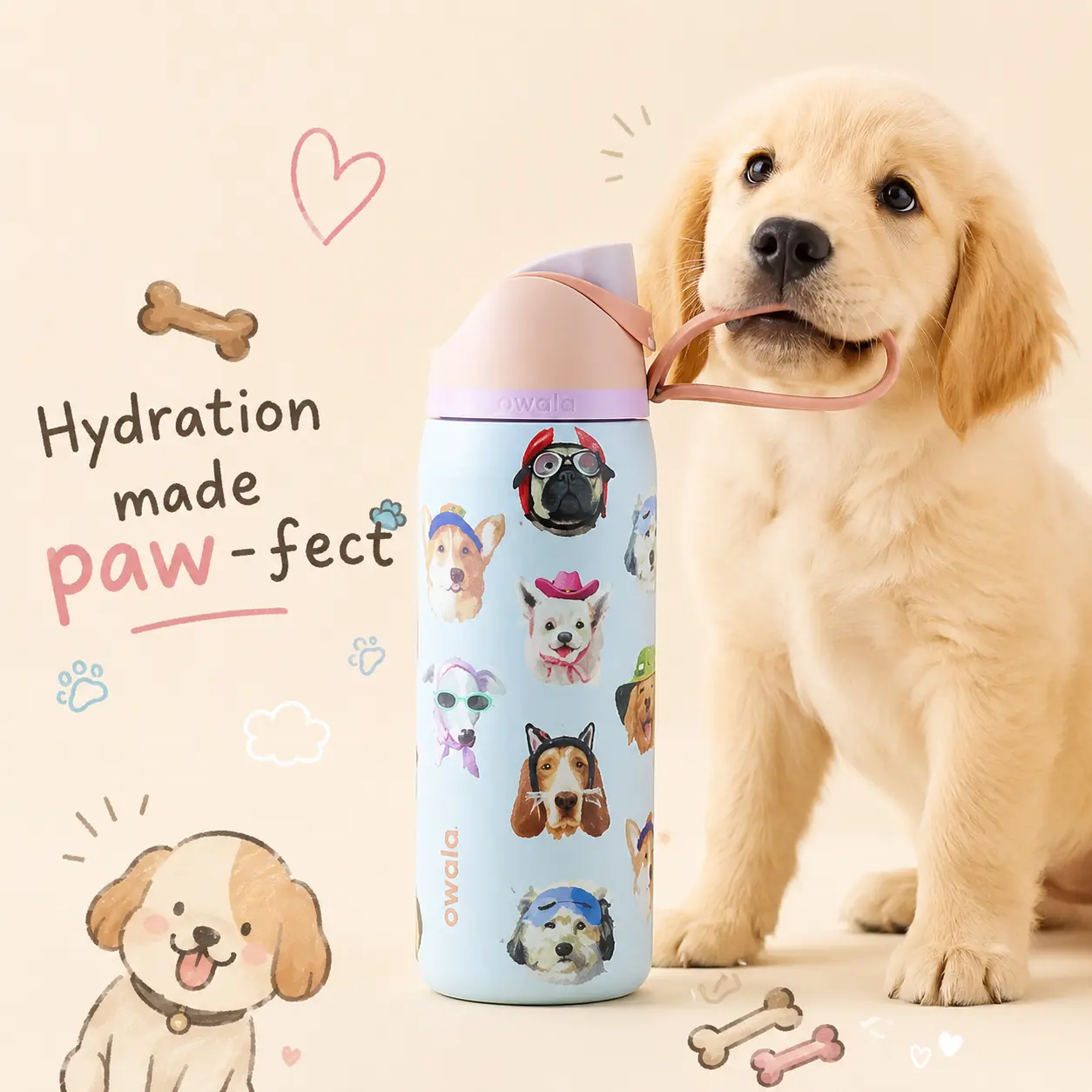 Owala x Urban Outfitters Dog Collage FreeSip 32oz Limited Edition Insulated Water Bottle – Cute Puppy Print