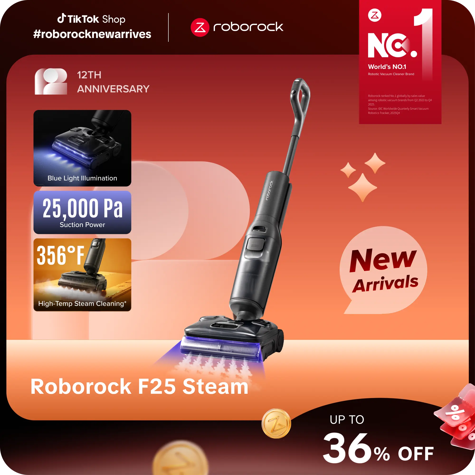 [New Arrival] Roborock F25 series Steam Wet Dry Vacuum Mop, 356°F Cordless Steam Cleaner 25000 Pa Suction for Hard Floor, 203°F Self-Cleaning Electric Mop, 80 Min Long Runtime for Whole-House Cleaning, No Tangle #roborocknewarrives #TikTokShopBackToSchool