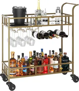 2 Tier Rolling Wine Bar Cart for Home, Small Alcohol Liquor Cart with Mirrored Shelves, Wine Racks & Glass Holder, Compact for Dining Room Living Room Party