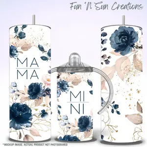 Mama & Mini Sippy Cup Drinkware Set, Mother Daughter Matching Tumblers, 12oz sippy cup with threaded lid, 20oz Tumbler for mom, Blue Floral Stainless Steel Sippy Cup