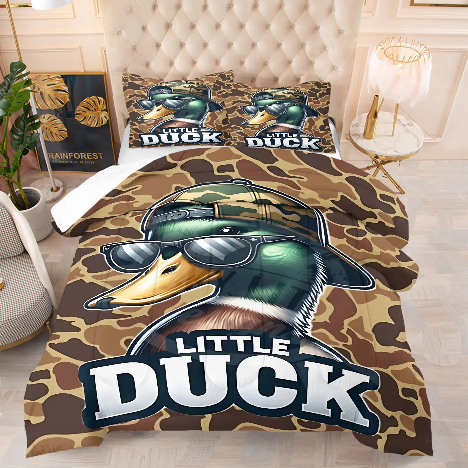 2/3 pieces Duck Hunter Green Camouflage Hunting Comforter Set Unique Print Kids Black Brown Comforter for Boys Teens Camo Army Bedding Set Breathable Fabric Wild Room Decor include 1 Quilt and 1/2 pillowcase