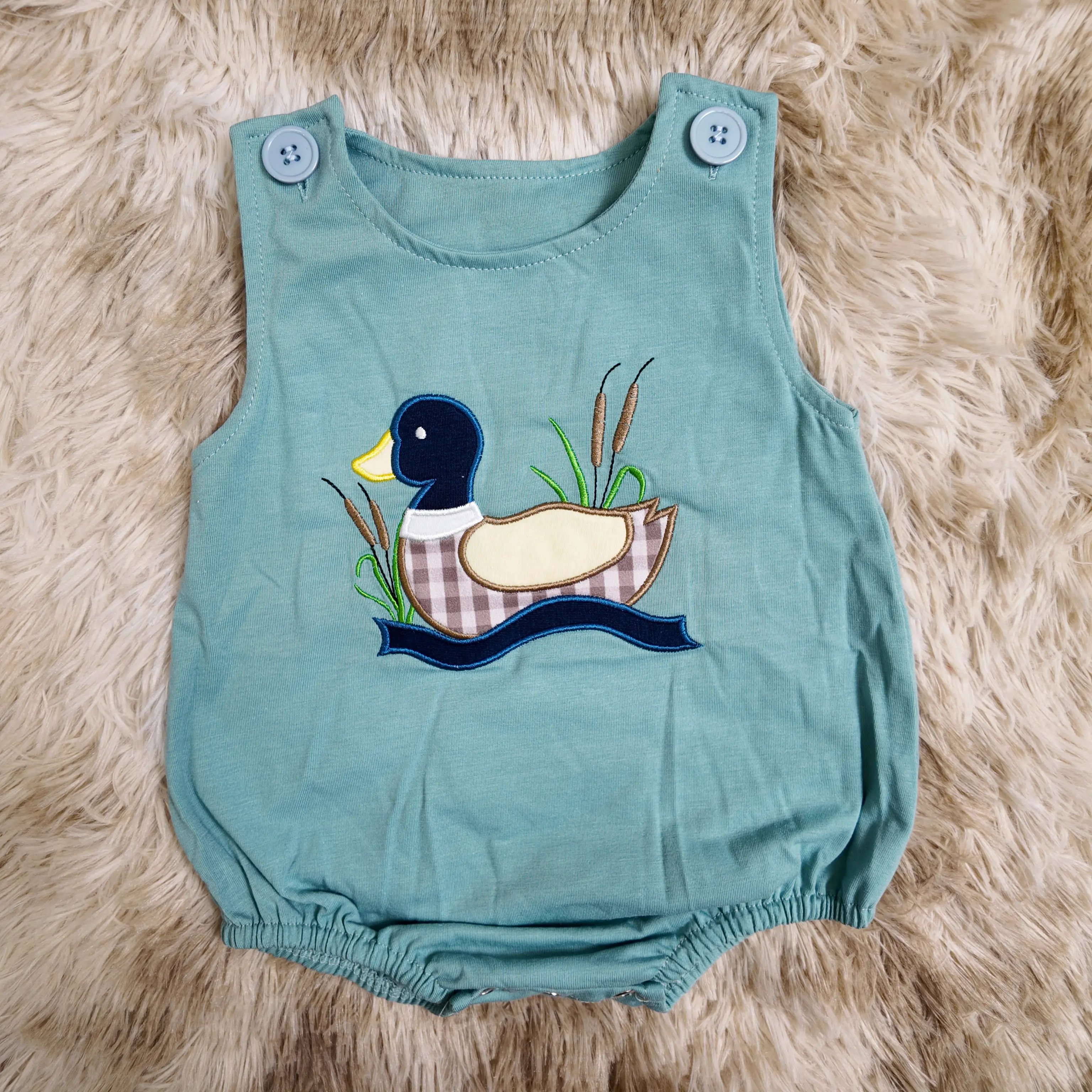 Sleeveless cotton duck embroidery summer bubble baby boy wear