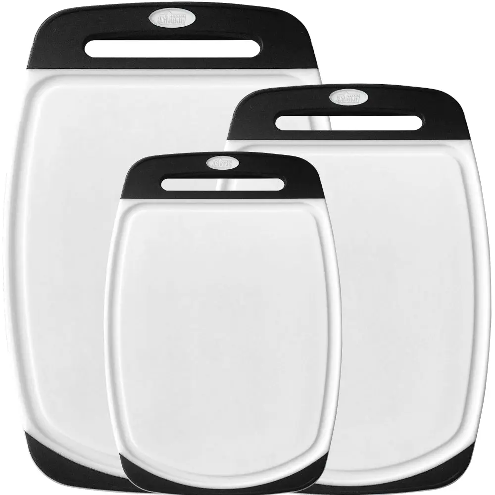 The Original Gorilla Grip Oversized 100% BPA Free Reversible Durable Kitchen Cutting Board Set of 3, Juice Grooves, Dishwasher Safe, Easy Grip Handle Border, Food Chopping Boards, Cooking