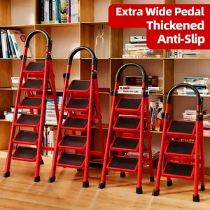 Portable 3/4/5-Step Steel Folding Ladder, 550 Lbs Load Capacity, Features Wide Anti-Slip Steps, Safety Handrails and Reinforced Metal Construction - Lightweight and Durable, Ideal for Various Household and Industrial Applications