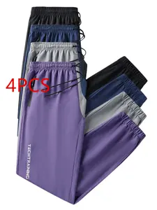 4-Pack Summer Men's Quick-Dry Sports Pants, Lightweight Breathable Elastic Waist, Zip Pockets, Drawstring & Ankle Tie, Athleisure Style Pants, Running Trousers, Casual Sport Pants