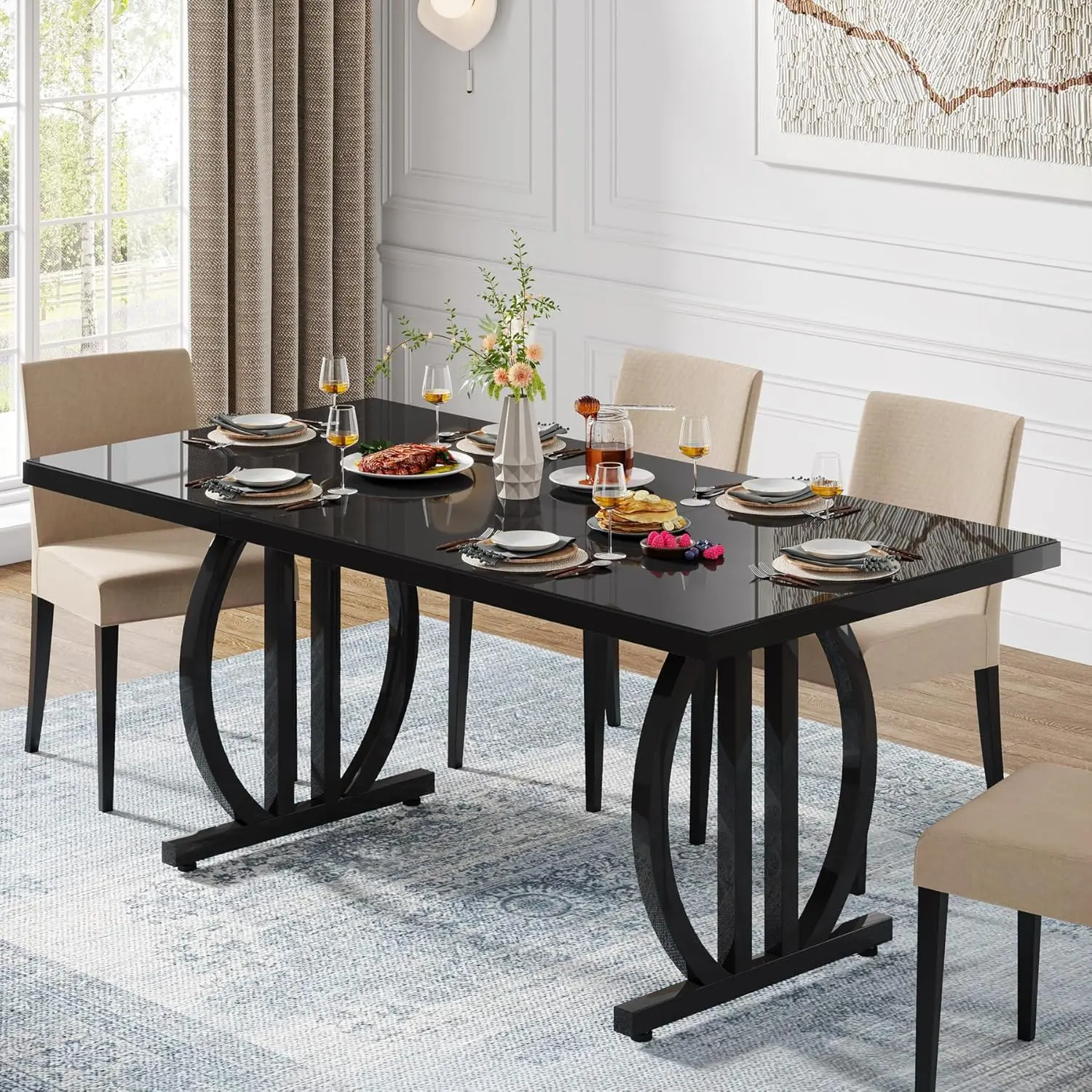 LITTLE TREE 63 Inch Dining Table for 4-6 People, Black Modern DiningTable with Metal Frame, Rectangular Dinner Table, Large Kitchen Table for Dining Room, Living Room social