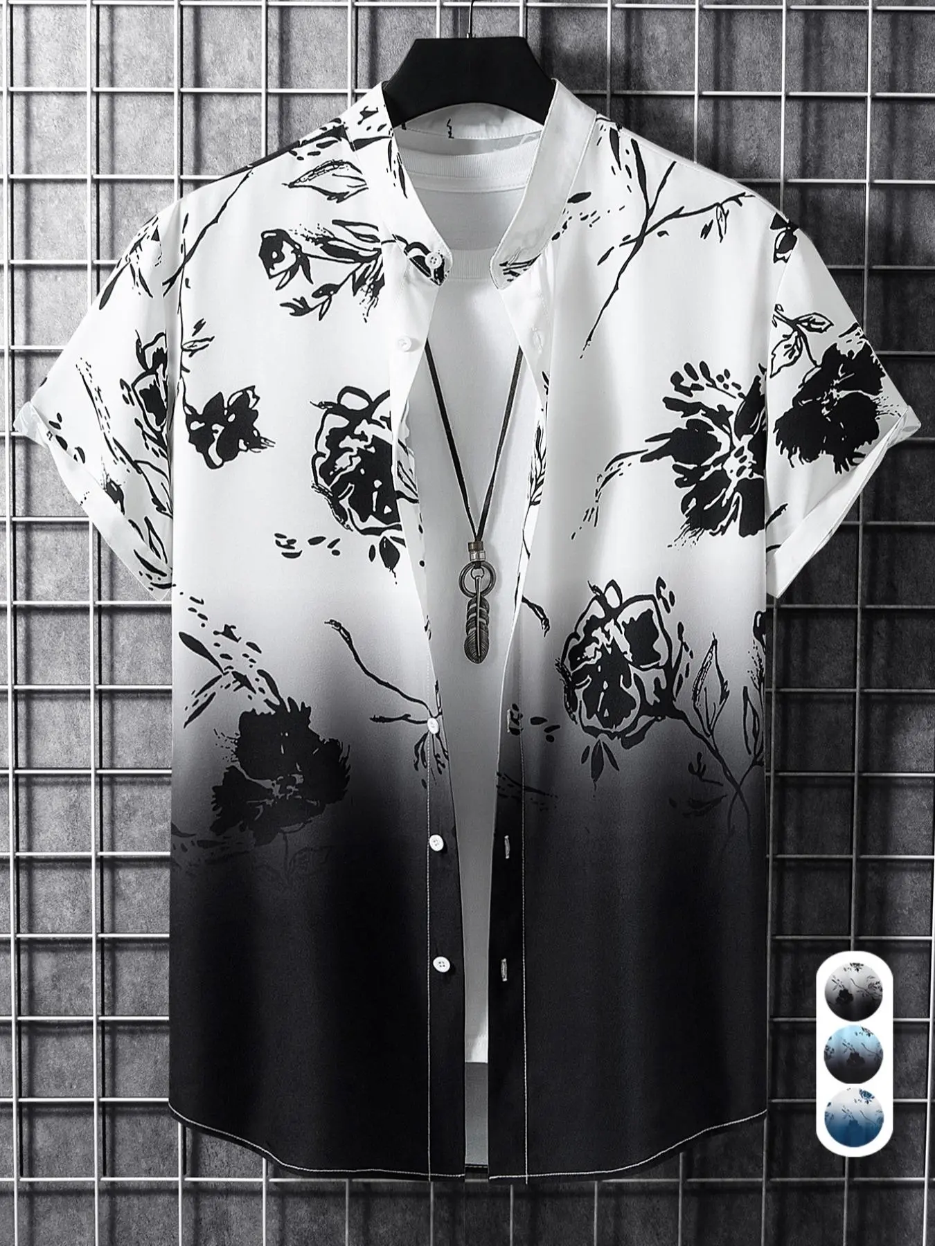 Men's Summer Ombre Floral Print Button Front Short Sleeve Shirt, Soft Comfy Casual Top for Daily Wear, Menswear