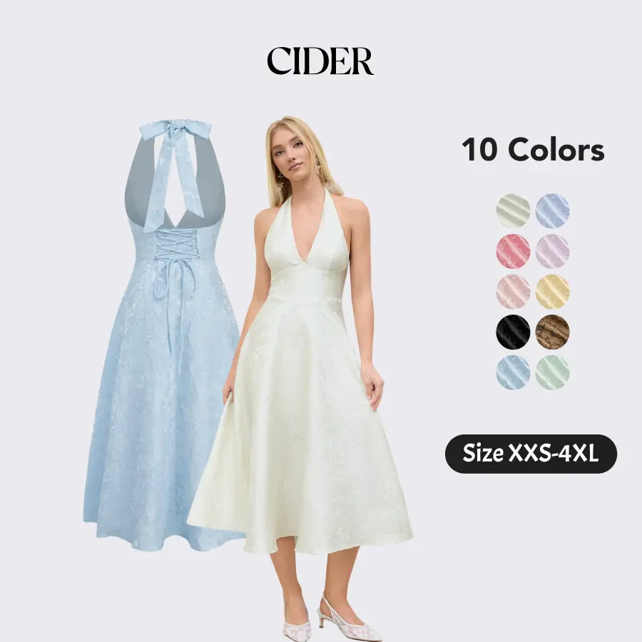 Cider Elegant Vacation Halter Neckline Dress for Wedding Guest, Sexy Floral Maxi Dresses, Ladies Jacquard Sundress, Summer Party Gowns, Lady Sun Dress SummerFinds