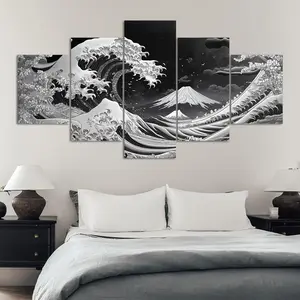 The Great Wave off Kanagawa Pattern Canvas Painting, 5 Counts/set Modern Art Print, Artistic Print Wall Art Decor Art Wall Decoration for Home Living Room Bedroom Office, Ornaments
