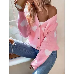 Women’s heart-shaped printed front-open shoulder cardigan, autumn–winter casual long-sleeve V-neck knit sweater, women’s clothing GARMENTARY