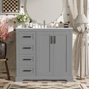 36" Modern Bathroom Vanity with Ceramic Sink, Soft-Close Door, Adjustable Shelf & 3 Drawers, Ample Storage.