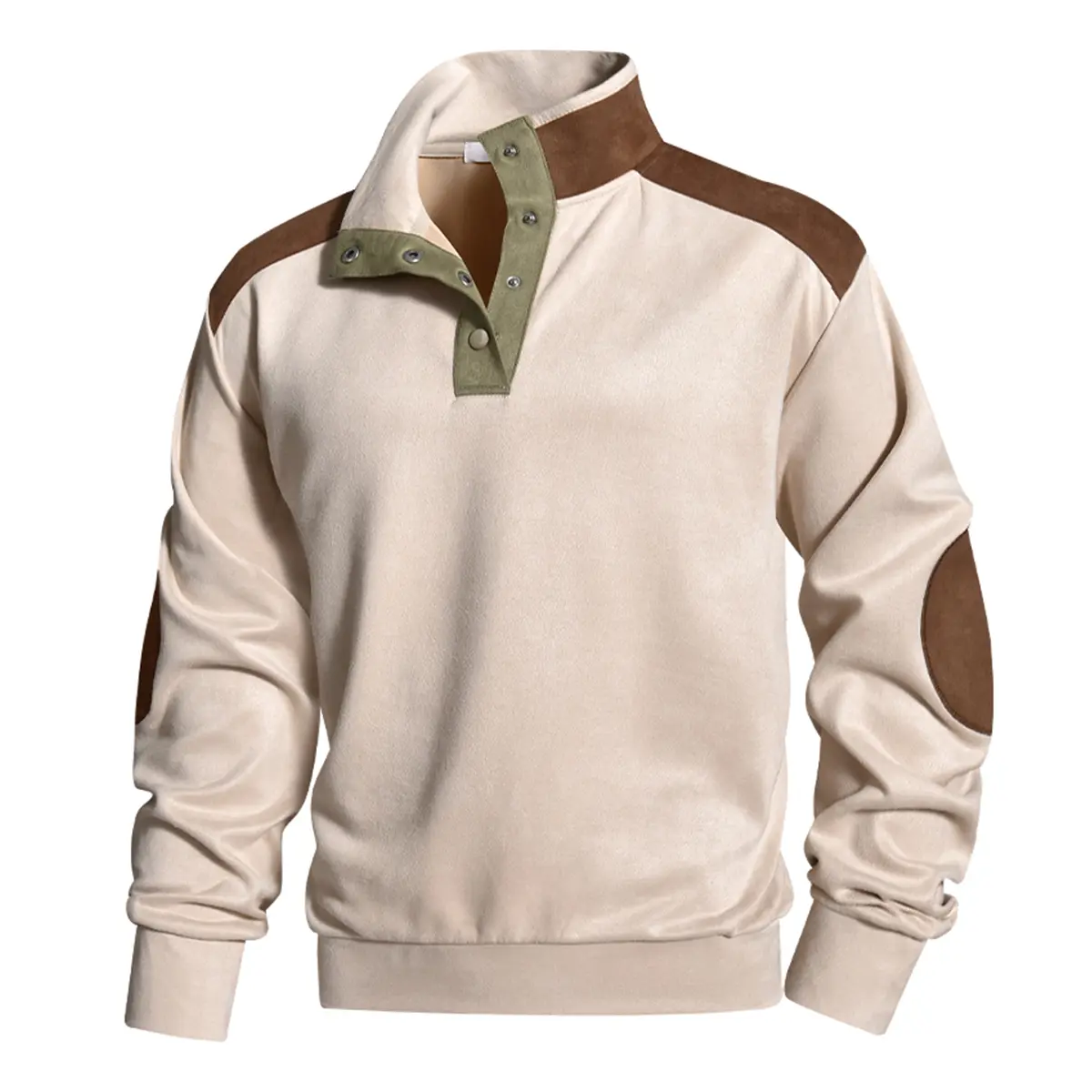 Men's Color Block Polo Sweatshirt, Long Sleeve Snap Button Collared Pullover with Contrast Shoulder Panels, Casual Fall Winter Top for Work and Everyday Wear