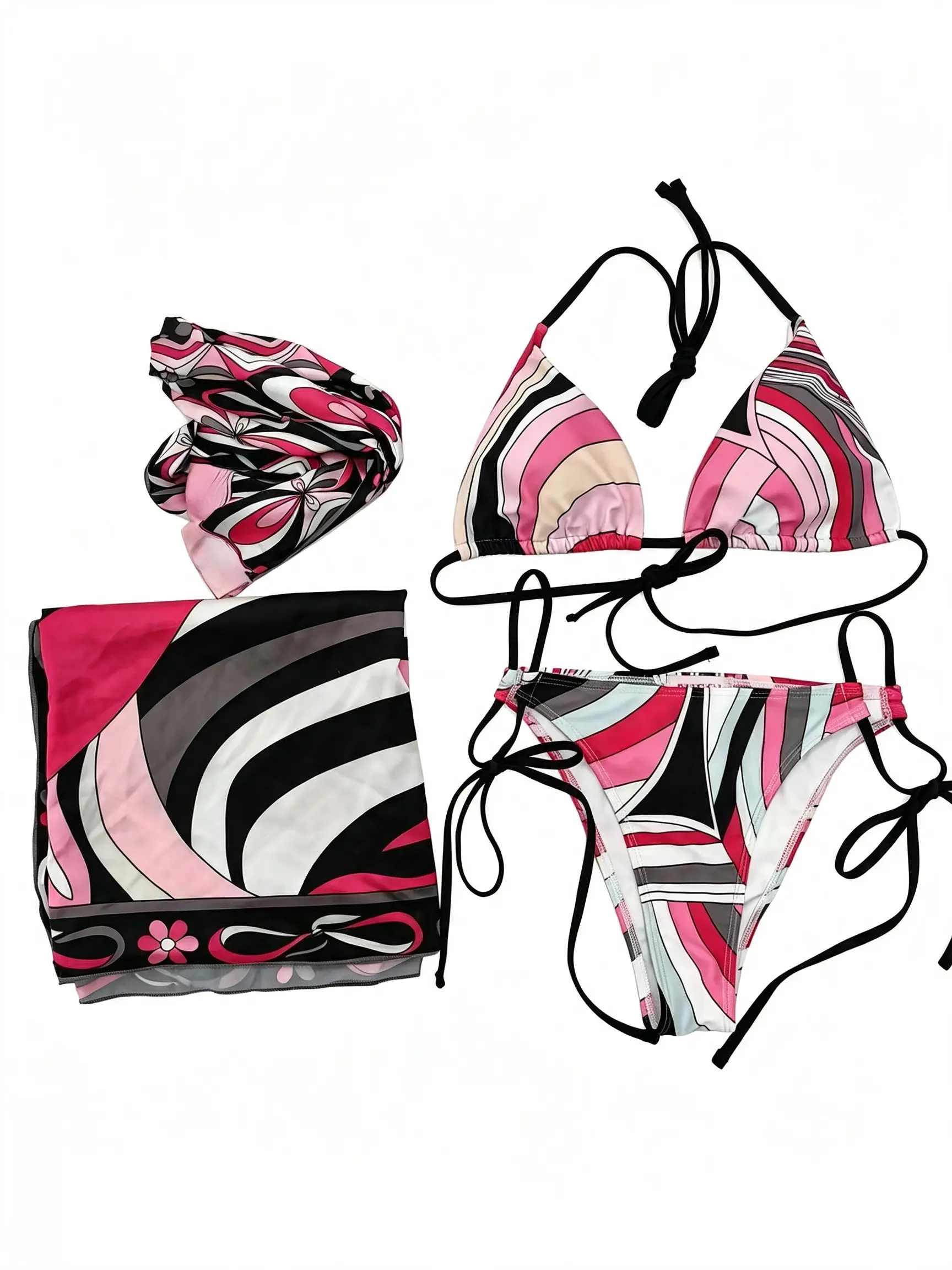 3-Piece Bikini Set for Women, Luxury Floral Bohemian Swimsuit with Scarf & Headband, Soft Smooth Adjustable Padded Bikini, Cute Push-Up Bathing Suit, XS-XL, Polyester Blend for Summer Beach & Pool