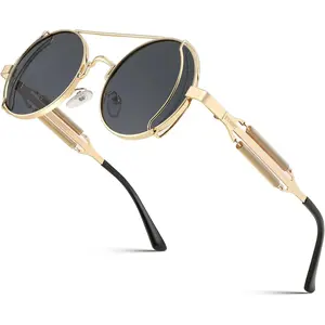 Aviator Sunglasses for Men Women, Retro Steampunk Gothic Round Metal Frame Hippie Glasses B2351