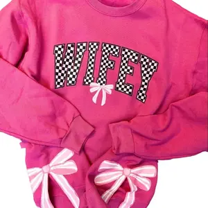 Side Bows PINK AND BLACK CHECKERED BOW WIFEY Unisex NuBlend Crew Sweatshirt WIFE Trendy Casual Long Sleeve 50/50 Cotton/Polyester Pre-shrunk Fleece High Stitch Density