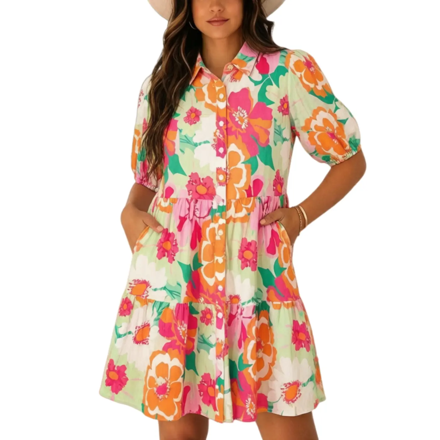 Asvivid Women's Chic Floral Printed Puff Sleeve Collared Neck Buttoned Babydoll Mini Dress - 100% Poly Casual Wear with Stylish Fabric#DealsForYouDays, 100% Poly Casual Dresses