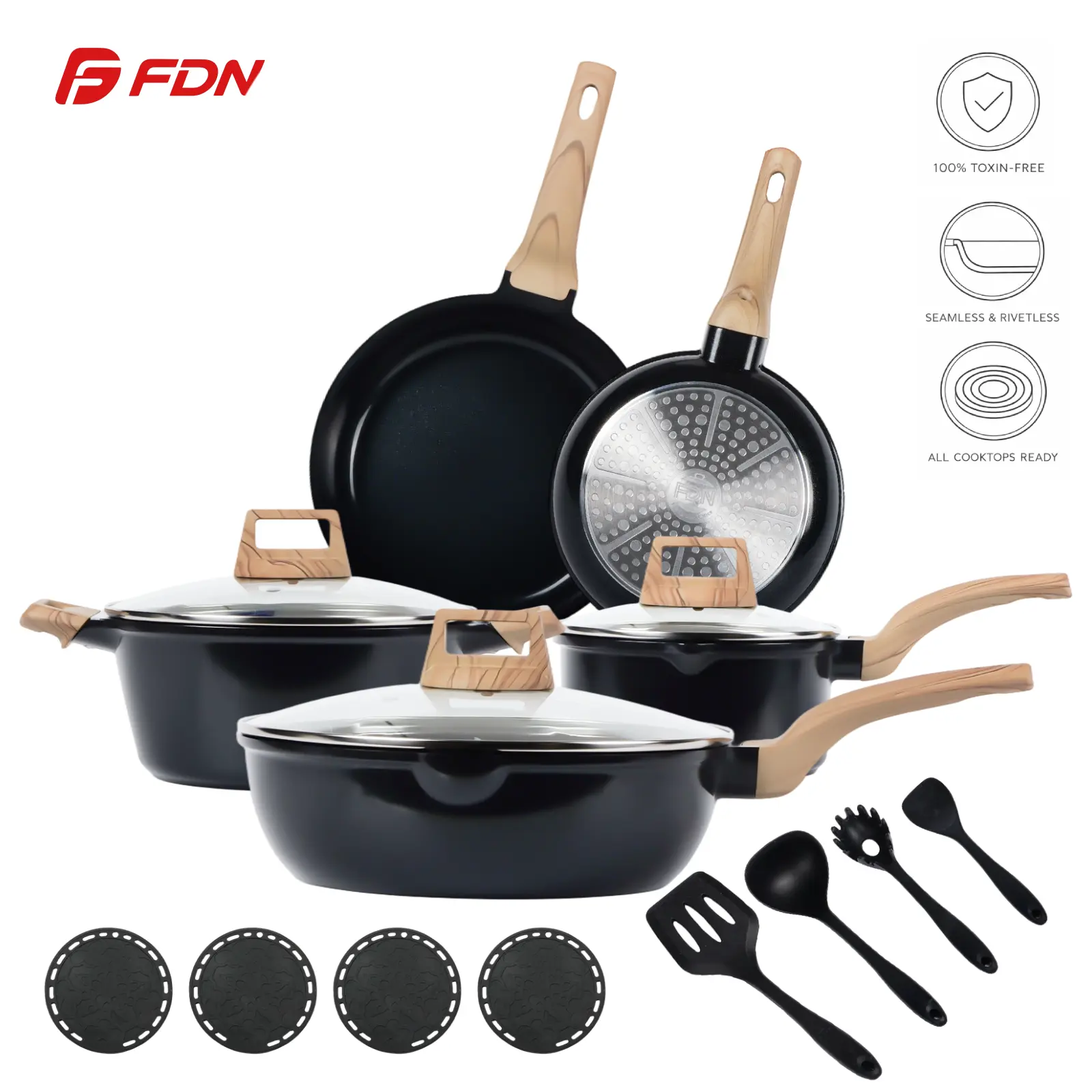 FDN 16-Piece Nonstick Ceramic Cookware Set - Induction Safe Pots and Pans Set, PFAS-Free Aluminum Core, Lids, Pasta Server, Silicone Tools, Easy Clean, Hot Spot Prevention, for Home Cooking