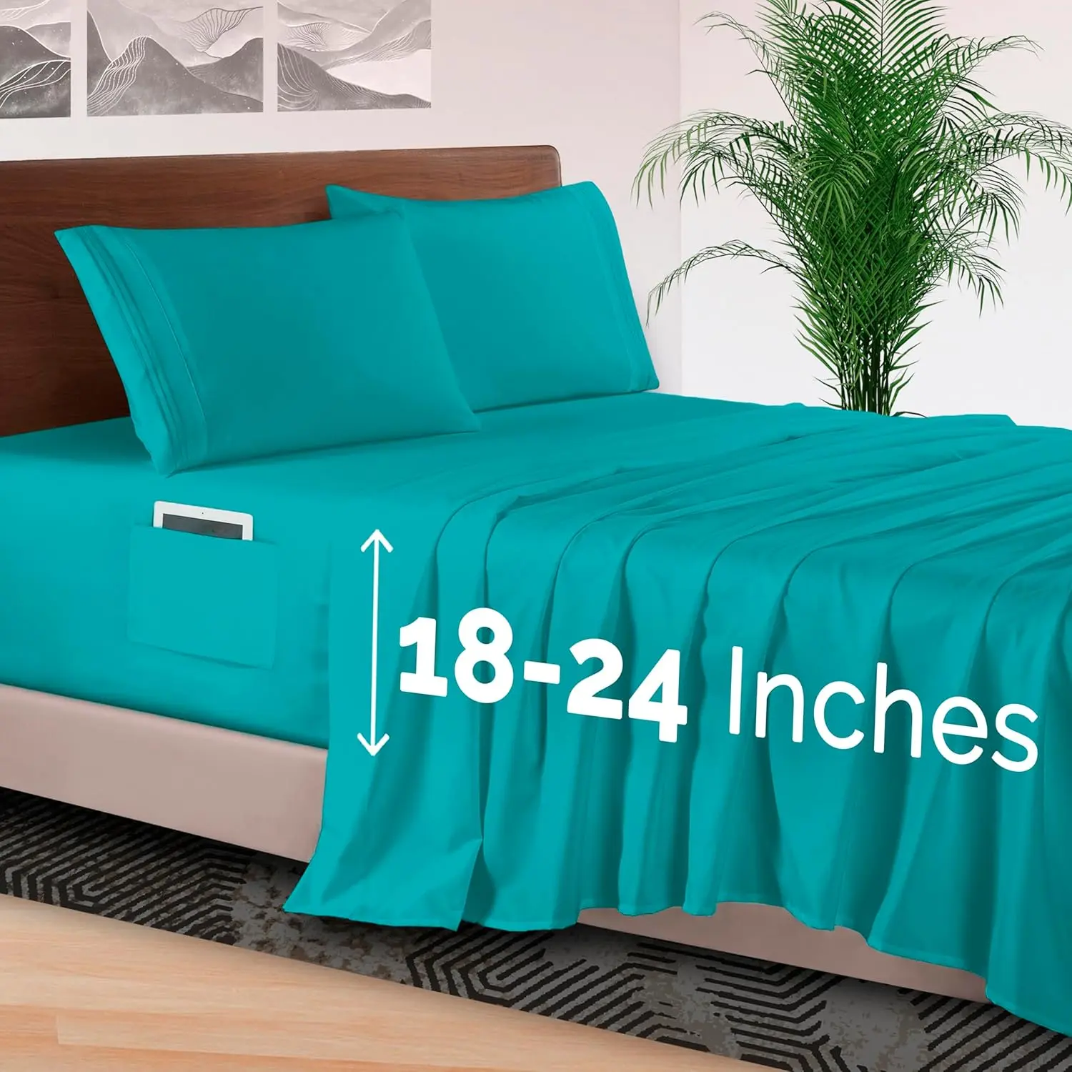Teal Twin/Twin XL 4-Sheet Deep Pocket Bedding Set - 1500 Premium Microfiber, 18-24 in Elastic, Breathable Ultra-Fine Yarn, Wrinkle Resistant, Fitted Sheet Included, Deep Pocket Design