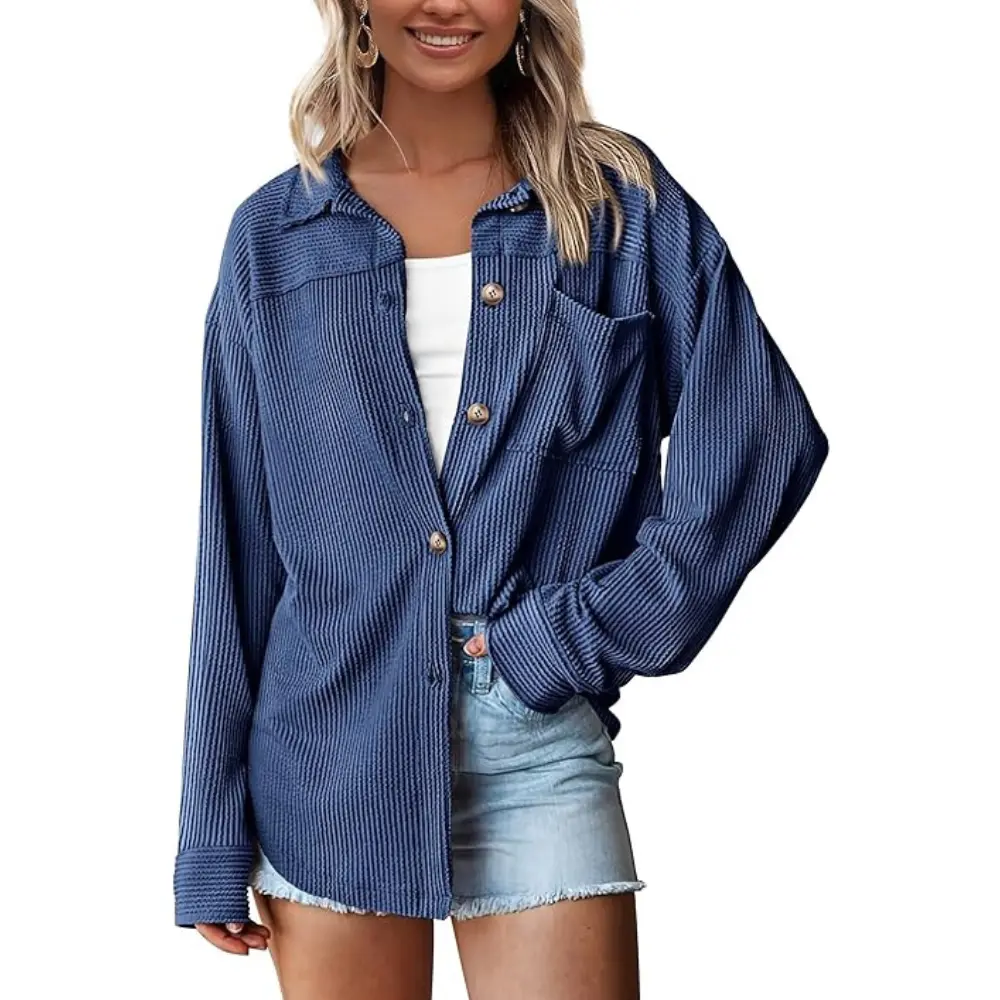 PRETTYGARDEN Women's Button Down Shirts Spring Long Sleeve Textured Tops Oversized Shacket Jacket Knit Blouses