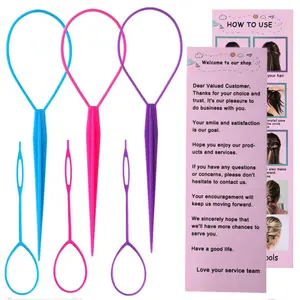 Aigee 6pcs Smooth Multi-Pack Heatless Haircare Tool Set - Women’s Hair Styling Accessories: Topsy Tails, Hair Loops, Ponytail Makers, Large & Small French Braid Pull-Through Tools (Pink, Blue, Purple) for Easy Braiding
