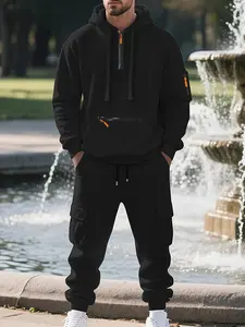 Men's Winter Hooded Sweatshirt Jacket + Drawstring Pocket Pants Set, Casual Fitted Long Sleeve Top, Fall & Winter Outdoor Sports, Casual Breathable Sportswear, Streetwear Tracksuit Set