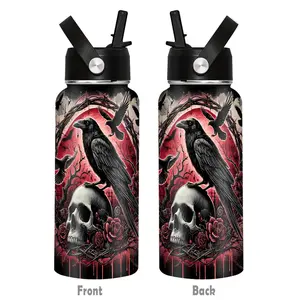 Gothic Skull Rose Pattern Stainless Steel Water Bottle, 1 Count/32oz Leak-proof Insulated Water Bottle, Outdoor Travel Gym Water Bottle, Drinkware, Halloween