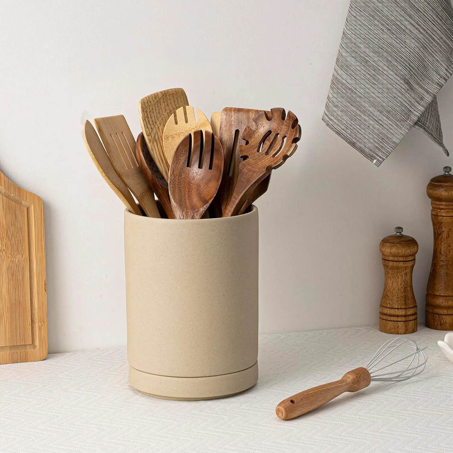 Utensil Holder 7.3 Ceramic 2-in-1 Set with Base for Countertop Cooking Utensil Crocks Kitchen Counter Organizer Spatulas Spoons Farmhouse Decor Pottery Clay Vintage Style Retro Inspired Matte Terracotta Design Gift Canister Tin Storage Trick or Treat