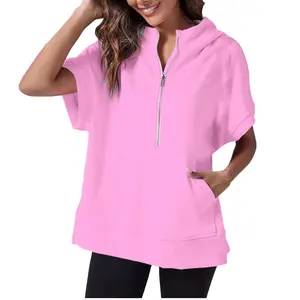 LOTUCY Women's Plus Size Half Zip Hoodie Casual Loose Fit Short Sleeves with Kangaroo Pocket Soft Comfortable Polyester Tops