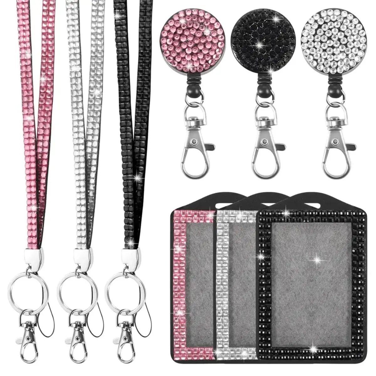 3-Pack Bling Badge Accessories Set for Women, Nylon Lanyard with Diamond Setting, Retractable Reel, Key Ring and Belt Clip, Id Badge Holders Retractable