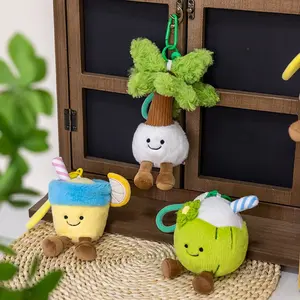 Cute Tropical Summer Plush Keychain Set, 3‑Styles Coconut‑Tree‑Lemon‑Drink‑Green‑Coconut Bag Charms, Kawaii Beach‑Themed Food‑Plant Pendants