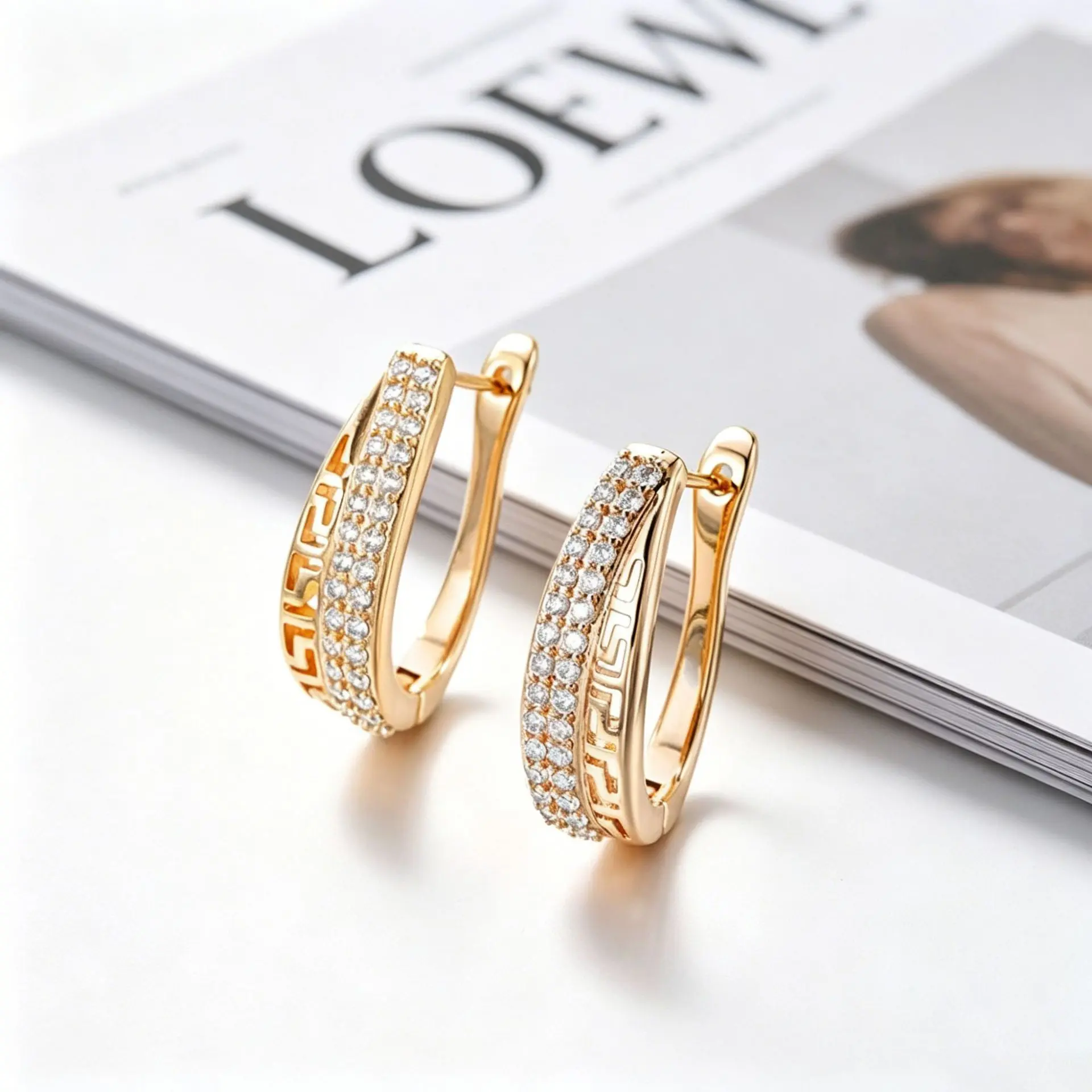 Women's Sparkling Rhinestone-Adorned Gold-Tone Greek Key Huggie Earrings - Unisex Costume Jewelry Fashion Accessory