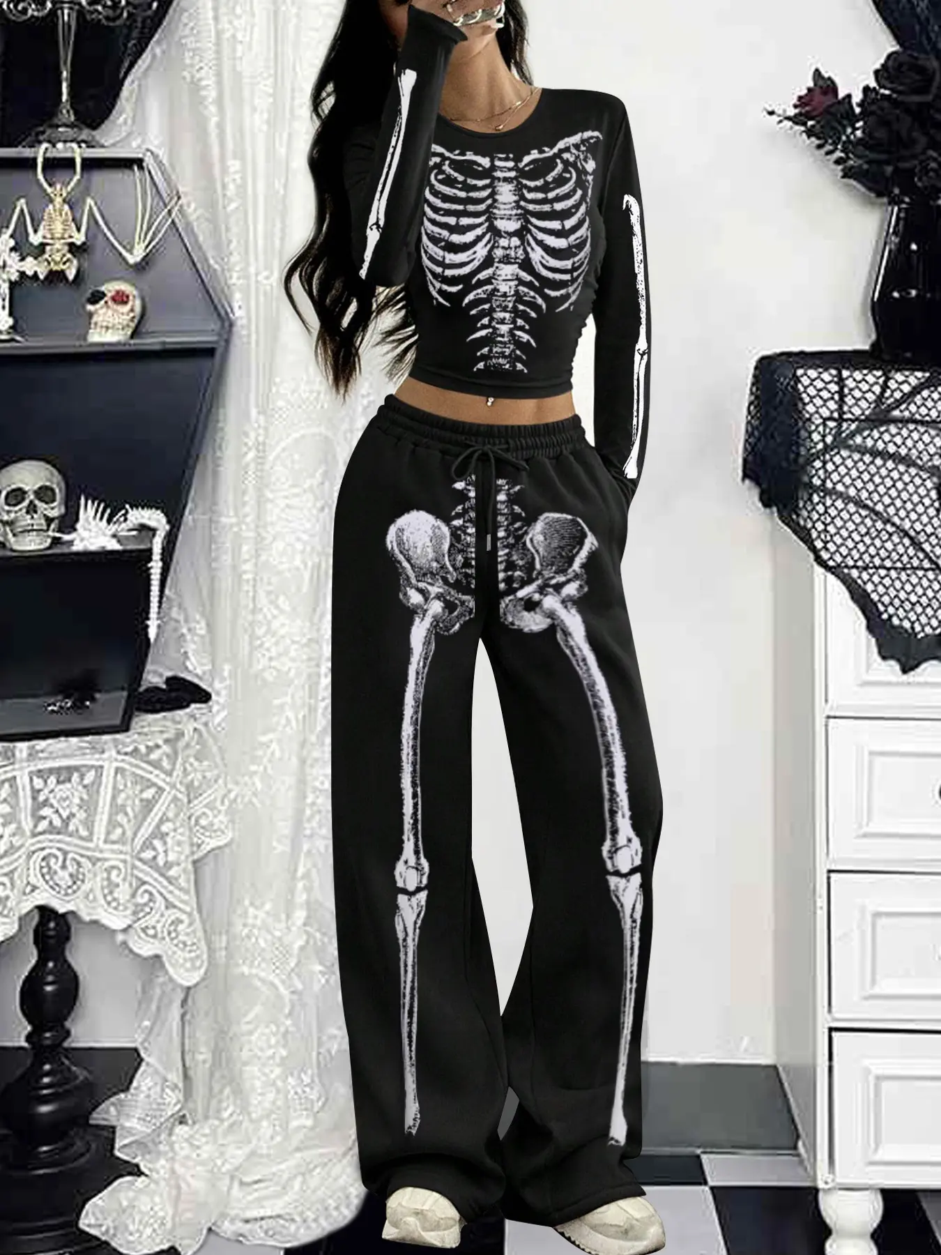 Women's Halloween Wide-Leg Pants Set, Skeleton Print Fitted Long Sleeve Top, Comfortable Lightweight High-Waist Casual for Spring & Fall