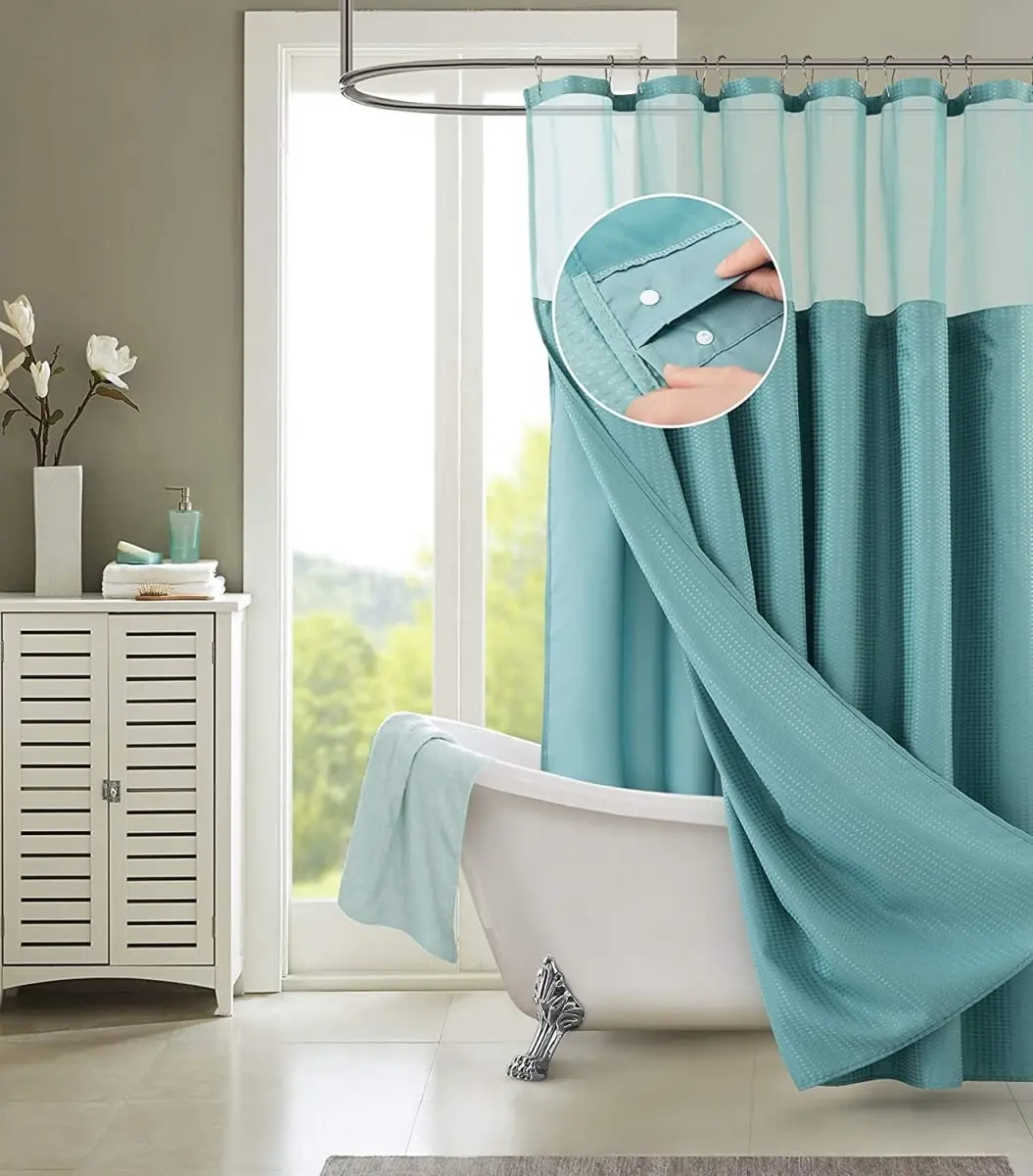 HomeRoots 399754 Geometric Teal Aqua Cotton Fabric Shower Curtain Set with 70x72" Detachable Liner, Decorative, Easy-to-Detach, Water-Containing Bathroom Home Supply