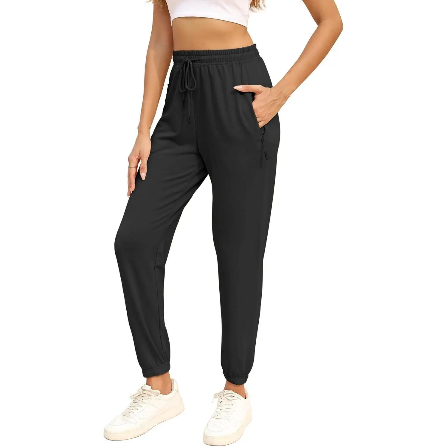 Women's High Waisted Jogger Sweatpants, Breathable Cinch Bottom Lounge Pants with Drawstring and Concealed Zipper Pockets, Cold Wash, Concealed Design, Dry-Cleaning Not Recommended, Loungewear, Hidden Zippers, Cinch Cuffs, Exercise, Adjustable, Soft Fabri