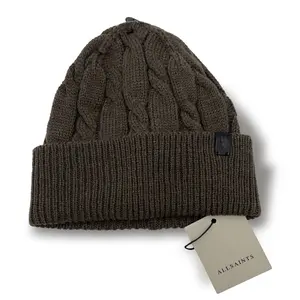 ALL SAINTS Cable Knit Beanie Olive - Soft Cozy Comfort Fold-Over Cuff Minimal Logo Unisex Design for Fall Winter Everyday Wear