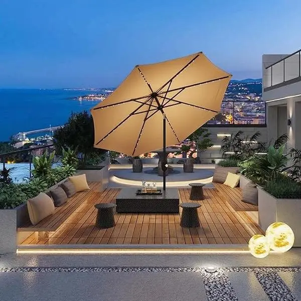 Garvee 10FT Patio Umbrella with Crank Handle & Tilt Adjustment – Outdoor Table Umbrella with 40 LED Lights, Waterproof & UV Protected for Pool, Lawn, Garden & Backyard