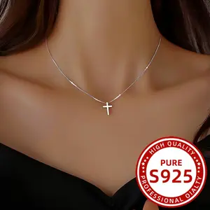 S925 Pure Silvery Minimalist Cross Pendant Necklace Elegant Collarbone Chain Accessory