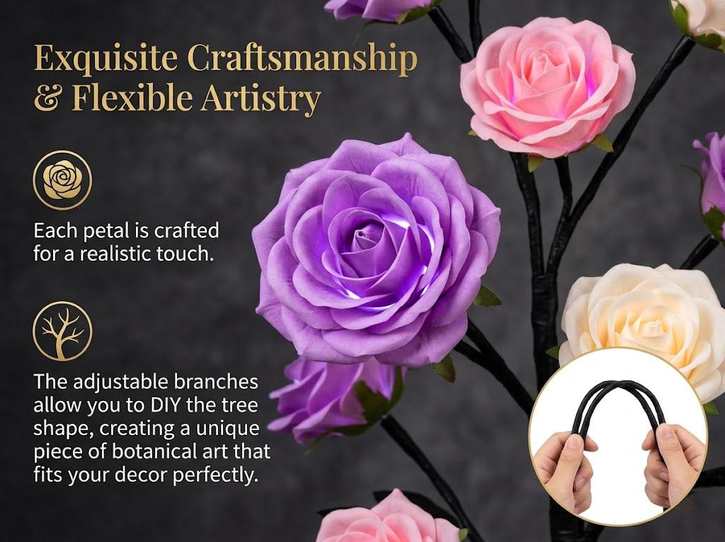 RGB LED Rose Flower Tree Lamp - Remote Control, Upgraded Chip, Timer, USB/Battery Powered, Dimmable, RGB Night Light, Indoor Table Lamp, Camping Lantern, Romantic Gift for Her, Housewarming Decor, Indoor Use, Aesthetic Table Lamp