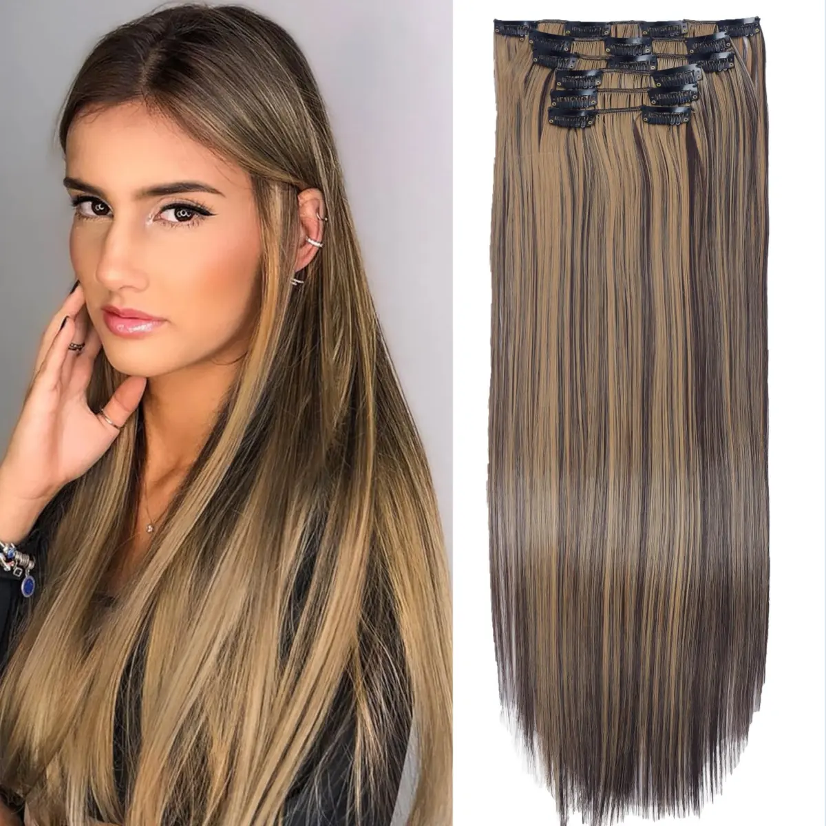 Women's Silky Straight Clip in Hair Extensions, 24-Inch Invisible Synthetic Pieces (6PCS, 140g/4.9Oz), Heat Resistant Balayage Chocolate Brown to Caramel Blonde, for Girlfriend Casual Weddings Daily Use
