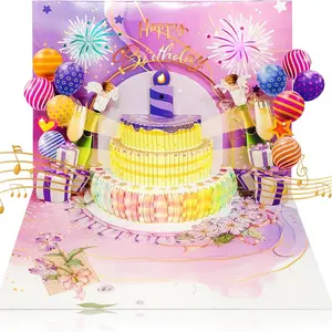 Musical Birthday Card with LED Lights, 3D Pop Up Cake & Fireworks Design with Built-in Sound, Light-Up Sentimental Greeting Keepsake for Far Away Loved Ones, Surprise Gift Card for Family Friends Across the Miles