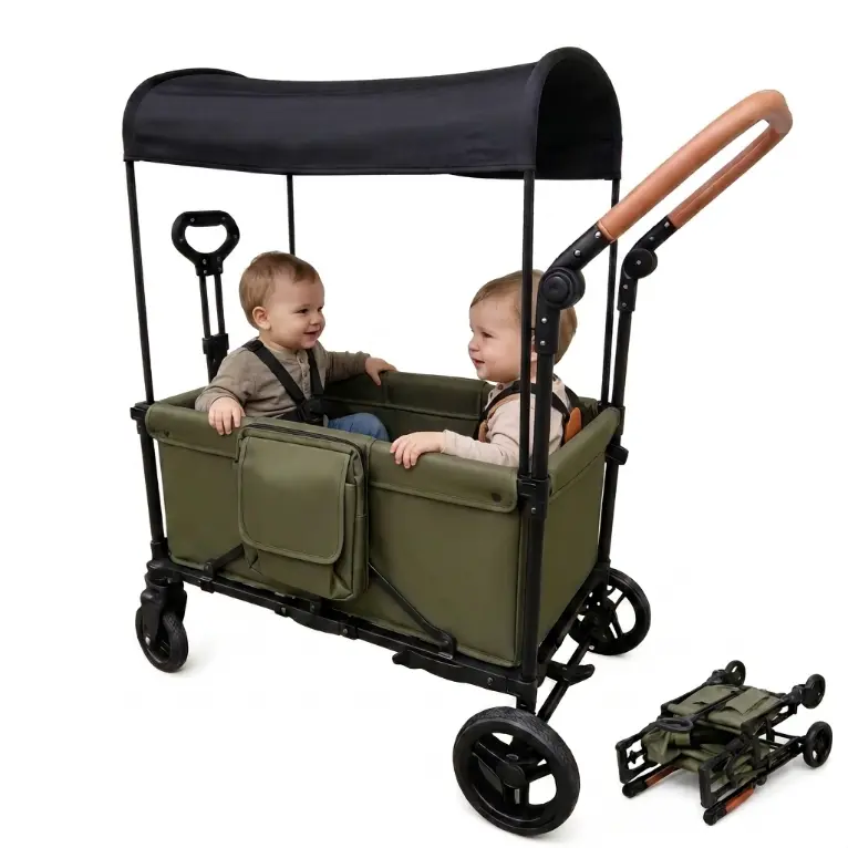 2-Seater Foldable Stroller Wagon with Canopy，Push & Pull Convertible Baby Wagon with Lie-Flat Bassinet Mode