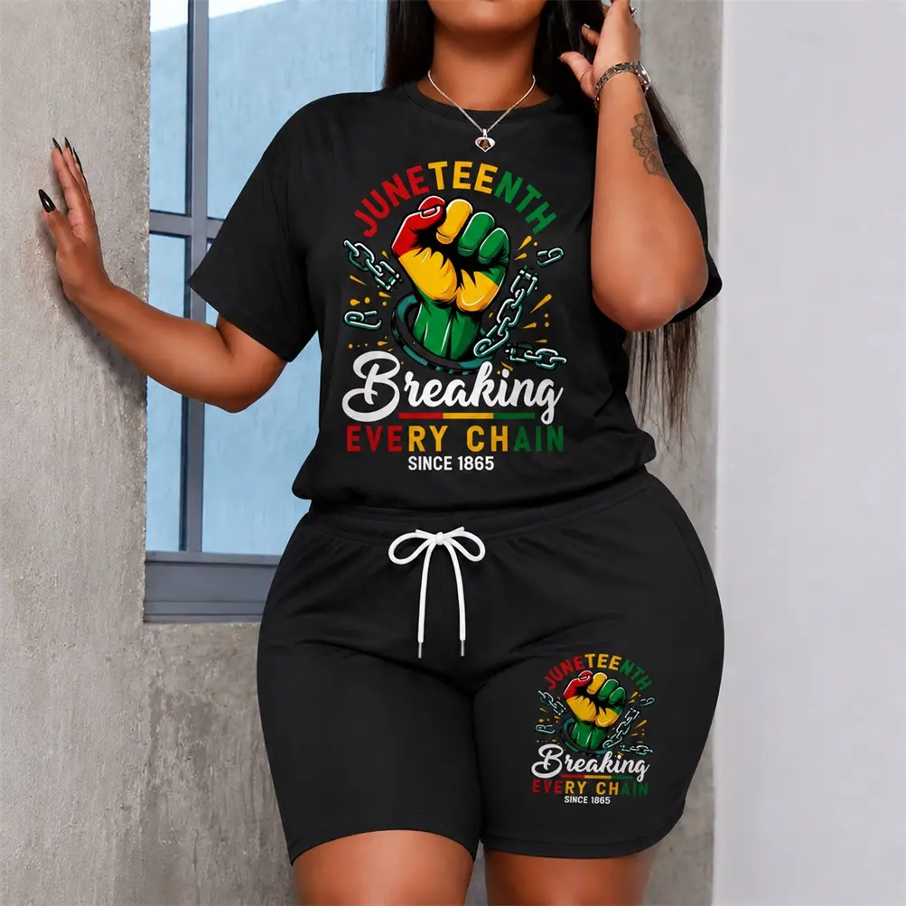 Women's Juneteenth Festive Atmosphere Graphic Short Sleeve T-Shirt And Shorts Set, Casual Summer Two-Piece Outfit With Crew Neck Top And Drawstring Waist Shorts For Daily Wear