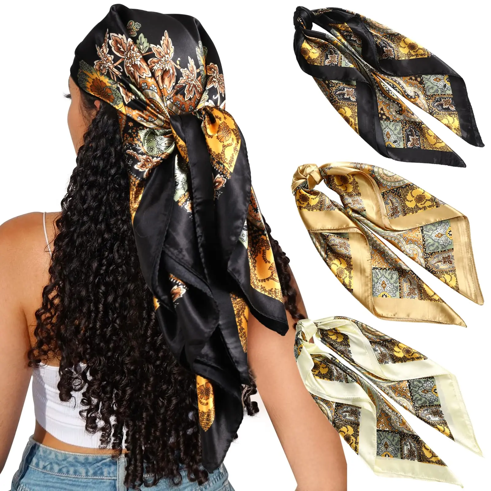 A Set of 3/4 Pcs 35" Satin Square Hair Scarf Bandanas,Large Silk Head Scarves,Lightweight Satin Hair Kerchief Sleeping Hair Wraps,Floral Pattern Shawl for Christmas Party,Father's Day Gift,Summervibes